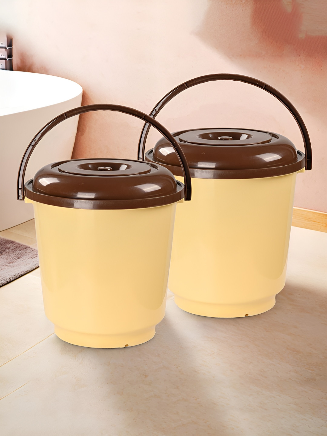 Aura Cream & Brown Pack of 2 Bucket 18 Ltr Bathroom Kitchen & Home with Lid & Carry Handle