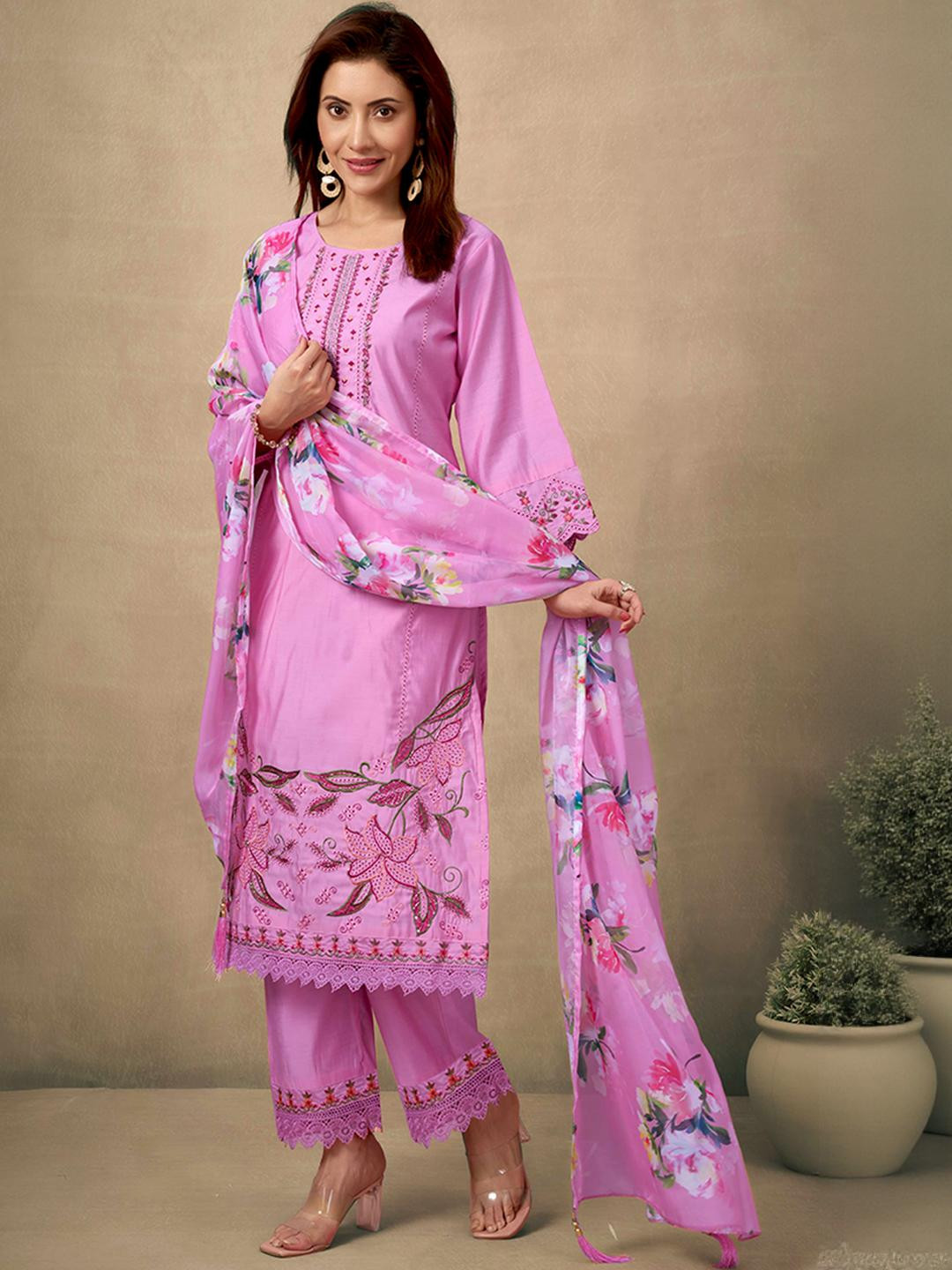 Pink Floral Embroidered Chanderi Silk Straight Salwar Suit