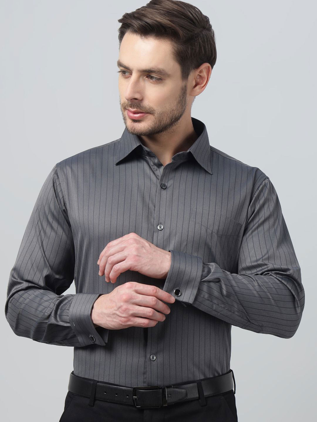 Hancock Men Classic Slim Fit Wrinkle Resistant Striped French Cuff Formal Shirt