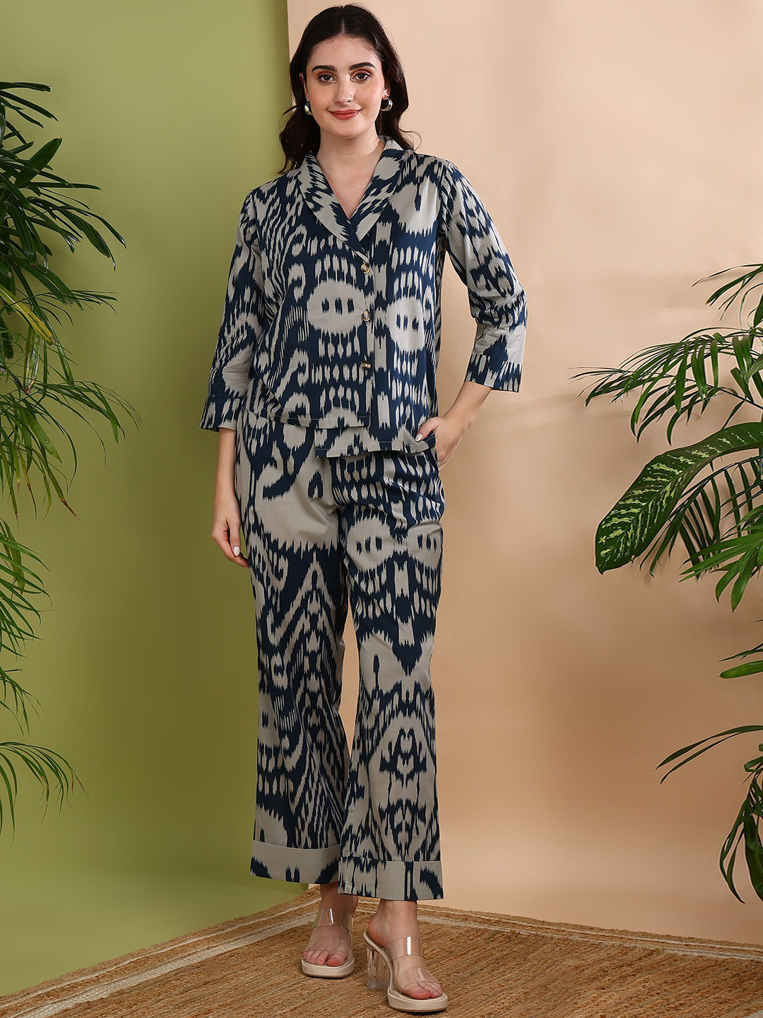 Asami Ikkat Printed Pure Cotton Shawl Neck Blazer With Trousers Co-Ords