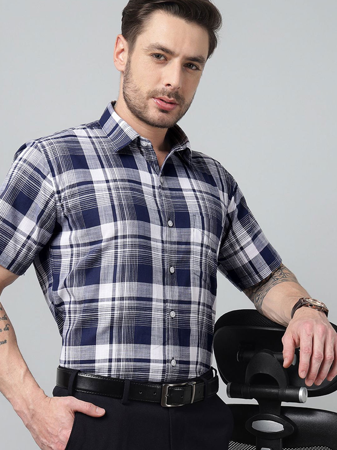 Hancock Classic Slim Fit Tartan Checks Spread Collar Pure Cotton Formal Shirt