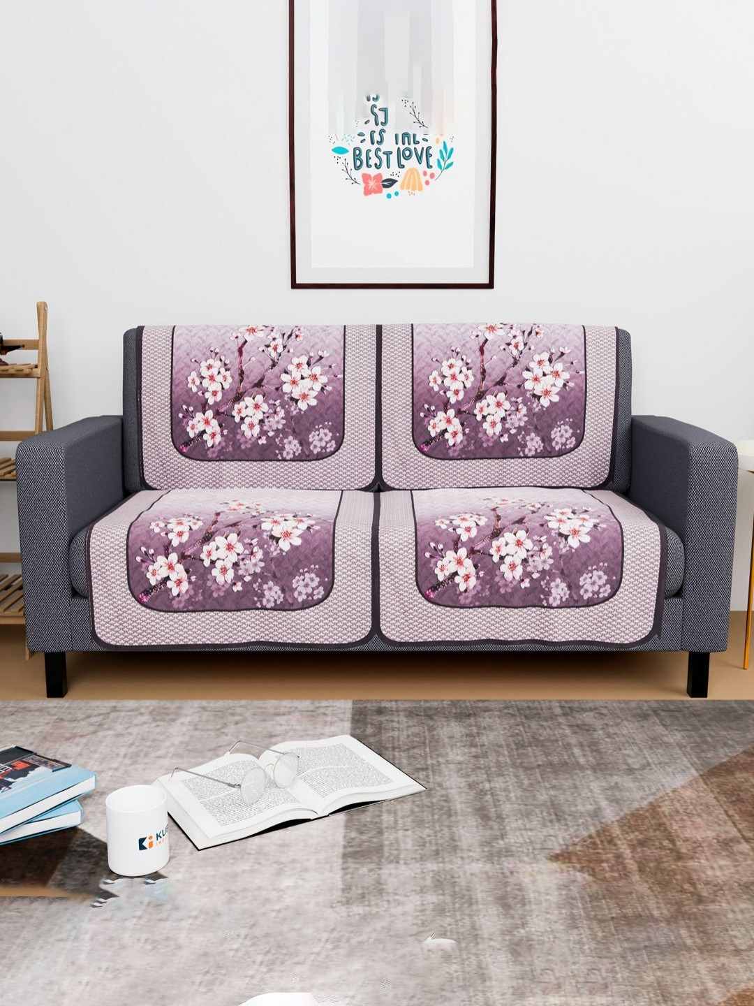 Aura Purple & White 4 Pieces Cotton 2 Seater Sofa Cover Washable Sofa Protector Slipcover