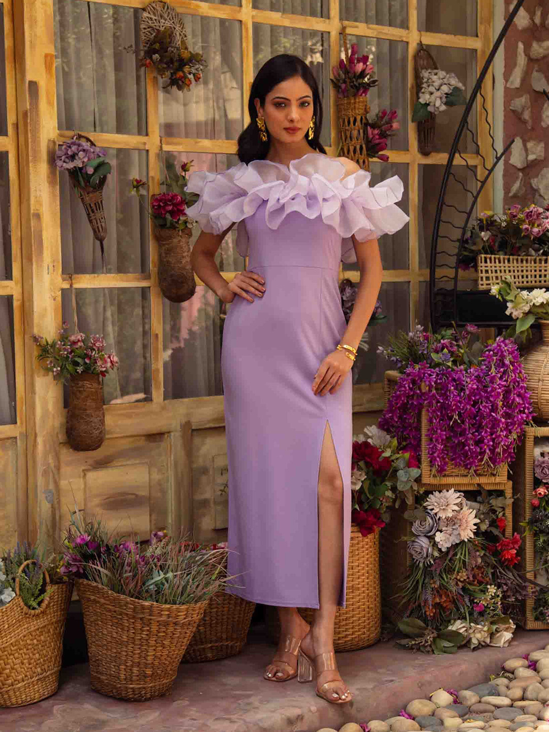 Golden Mirror Women Off-Shoulder Ruffled Fit & Flare Dress