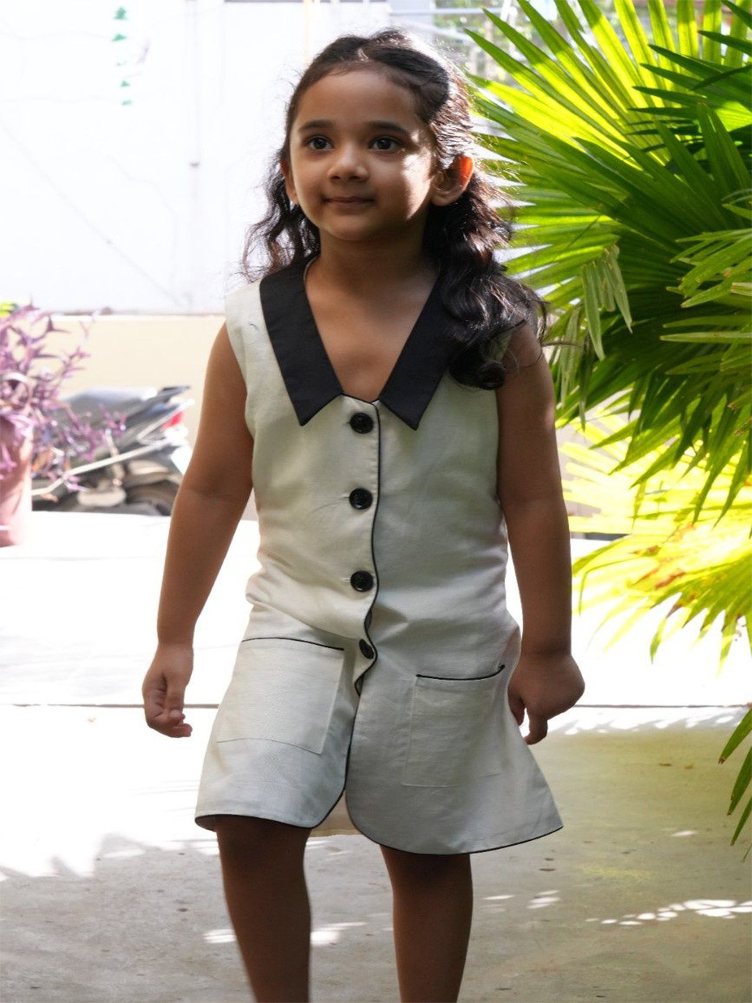 Funny Bones Clothings Girls Luxe Ivory Edge Cotton Linen Blazer Dress