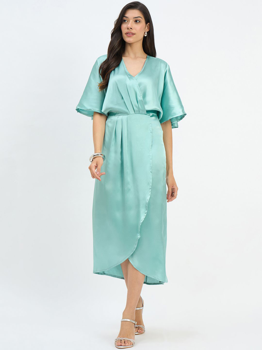 Color Cocktail Women Flared Sleeve Satin Wrap Dress