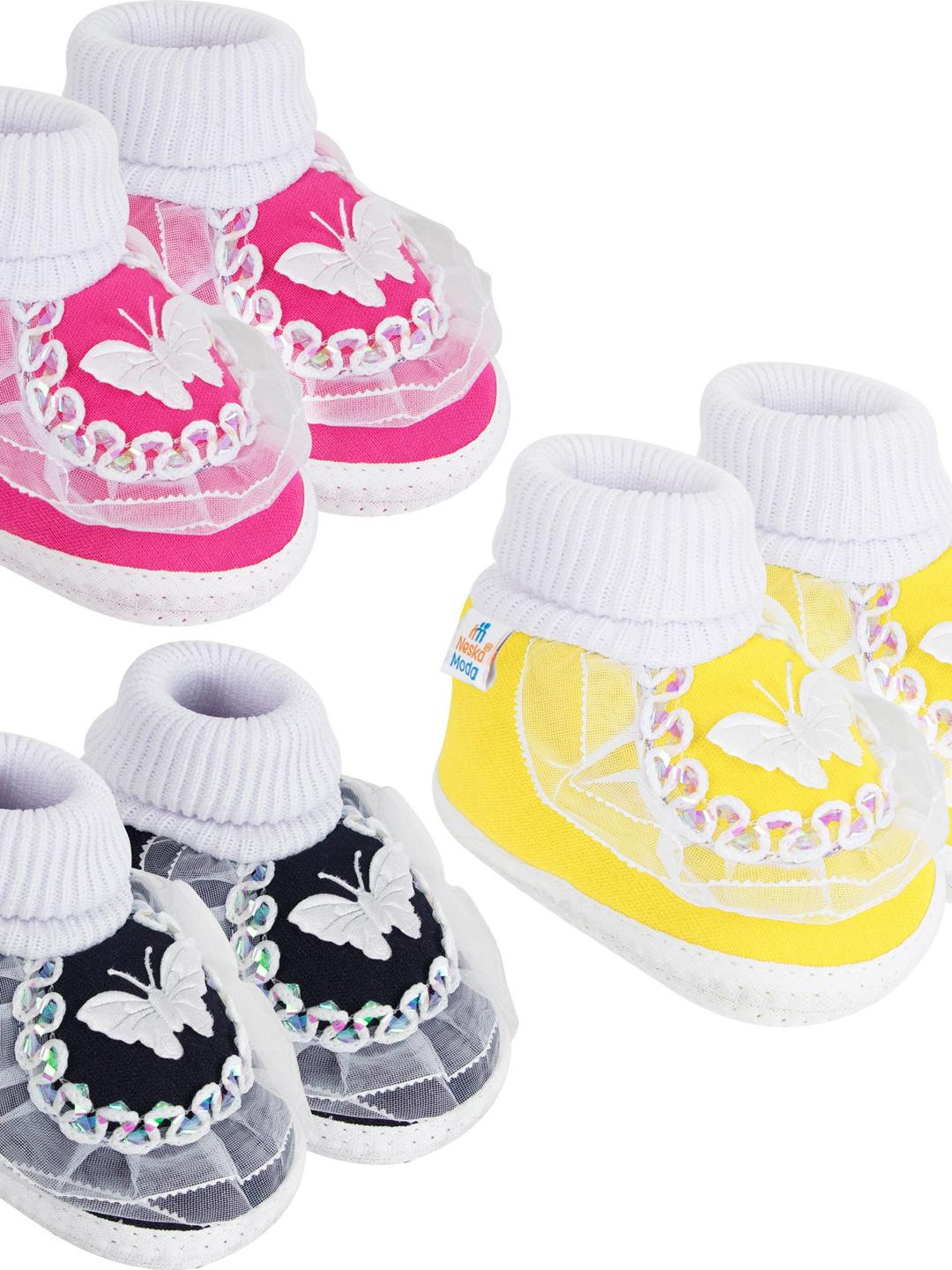 NESKA MODA 0 To 12 Months Infants Pack of 3 Pair Soft Cotton Butterfly Frill Booties