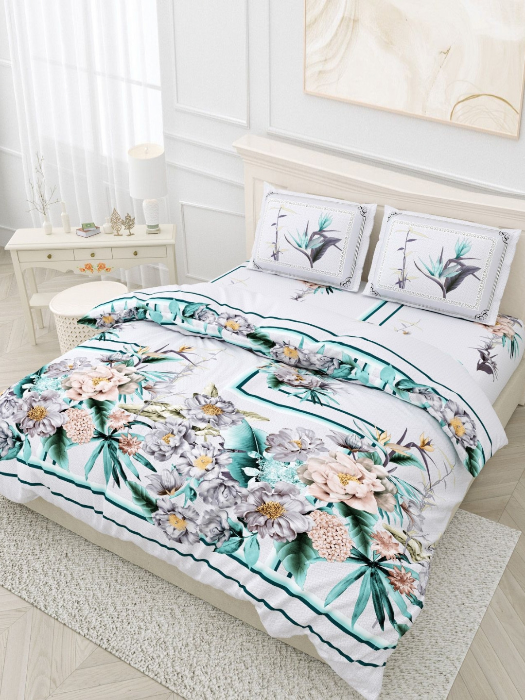 Myntra Elegant Homes Digital Grey Floral Cotton Breathable 180 TC King Bedsheet with 2 Pillow Covers-270 x 270 cm