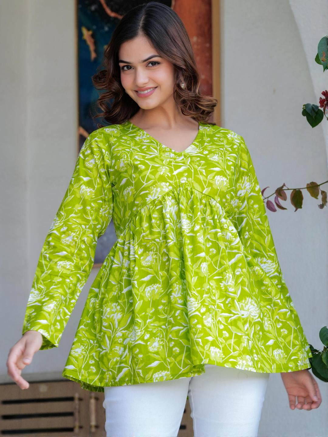 Royal Marque Floral Print Bell Sleeve Cotton Peplum Top