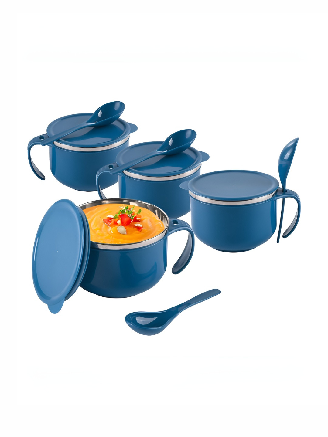 Aura Navy Blue 4 Pieces Stainless Steel Serving Bowl With Spoon & Holder 600ml Each