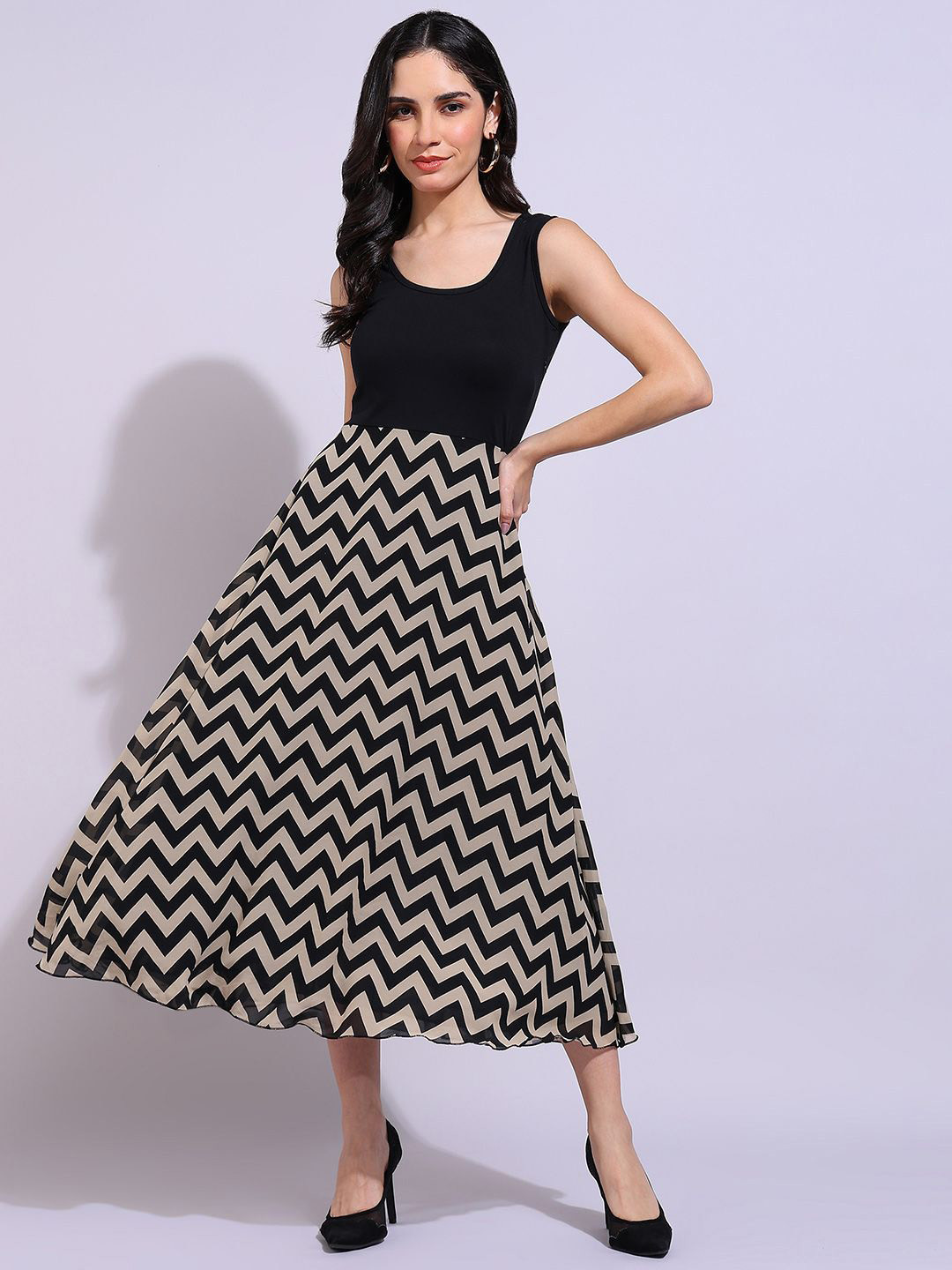 Lady Stark Women Striped Round Neck Georgette Fit & Flare Midi Dress