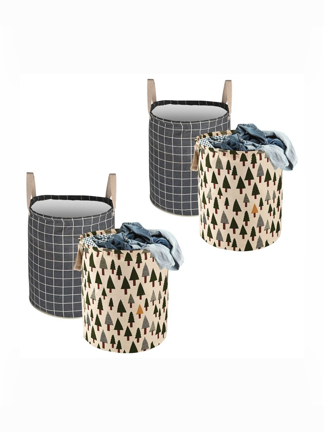 Aura 4-Pcs Grey & Green Checked Cotton Foldable Laundry Bags With Handle - 60L