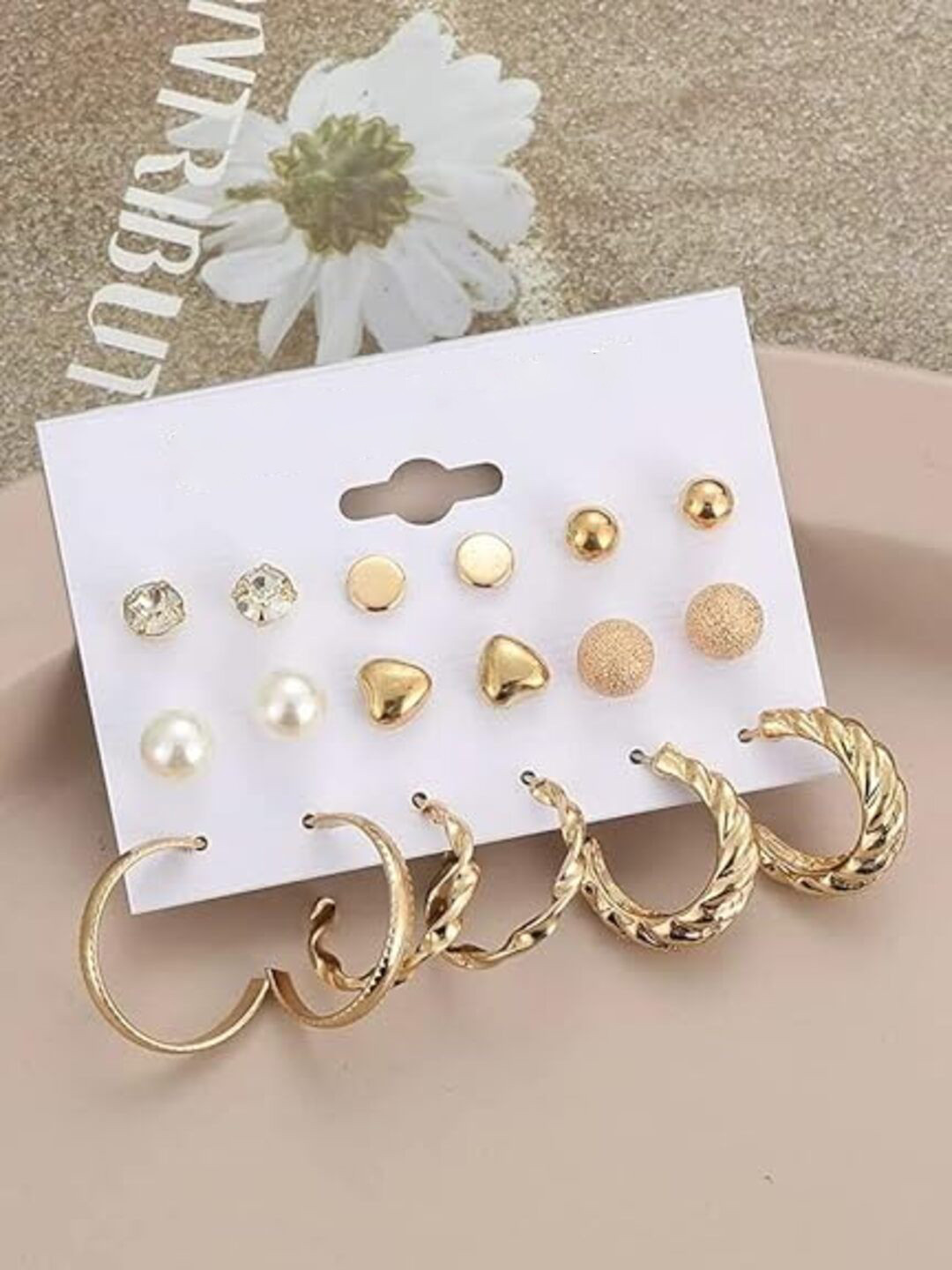 AmazingKarts Set of 9 Gold-Plated Pearls Beaded Contemporary Studs