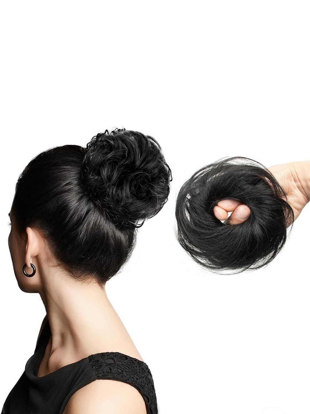 EL CABELL Tape In Wavy Bun Hair Extension- Black- 5 Inch