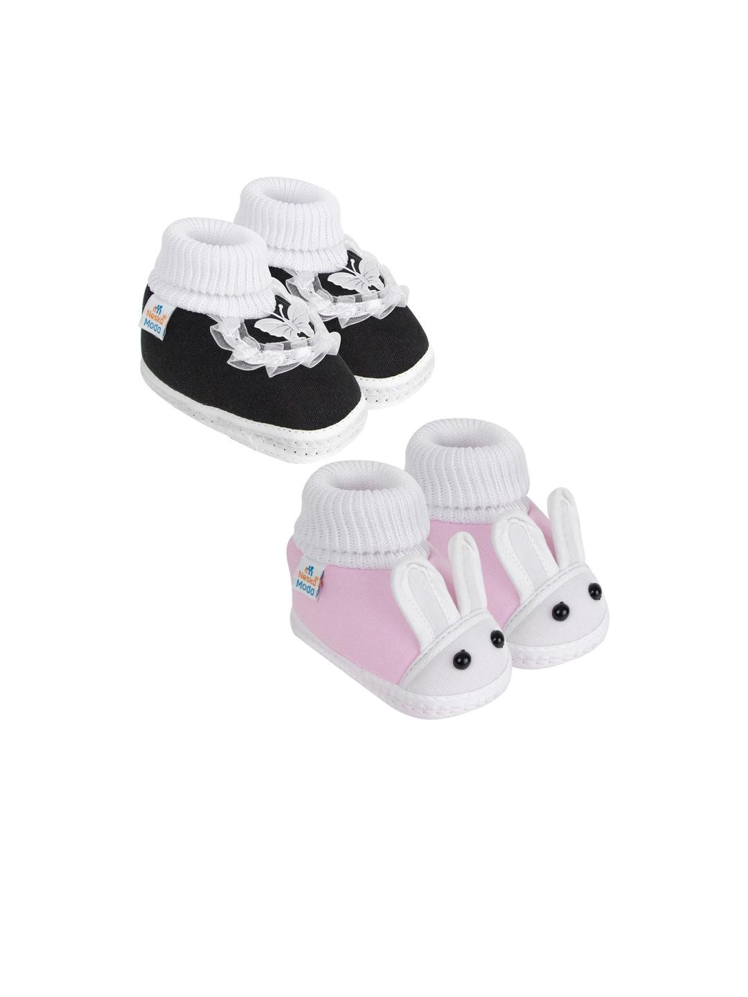 NESKA MODA 0 To 6 Month Newborn Baby Girl 2 Pair Set Soft Cotton Butterfly Frill and Rabbit Booties