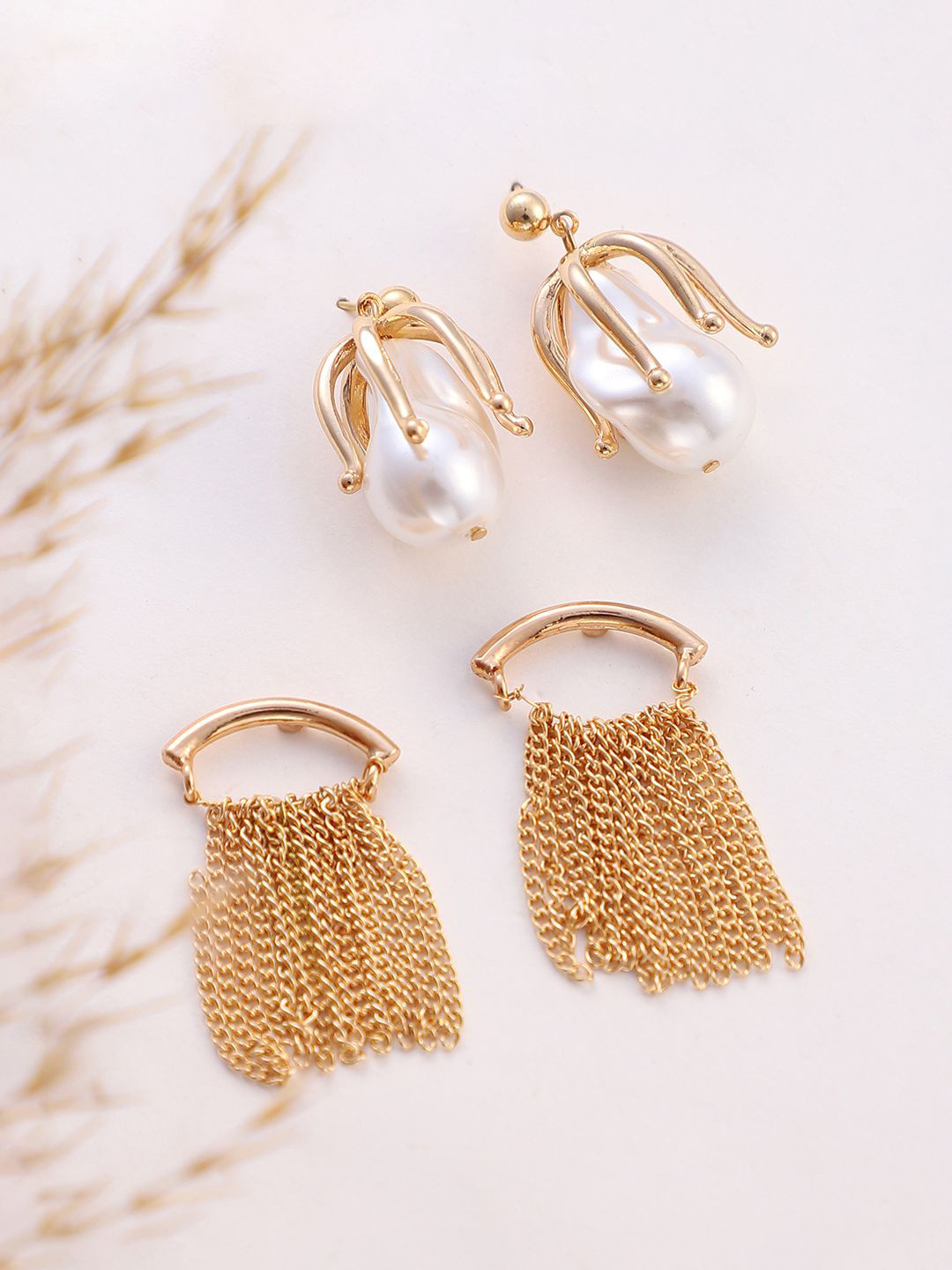 SOHI Set Of 2 Gold-Plated Pearls Studded Contemporary Chain Bud Drop Drop Earrings