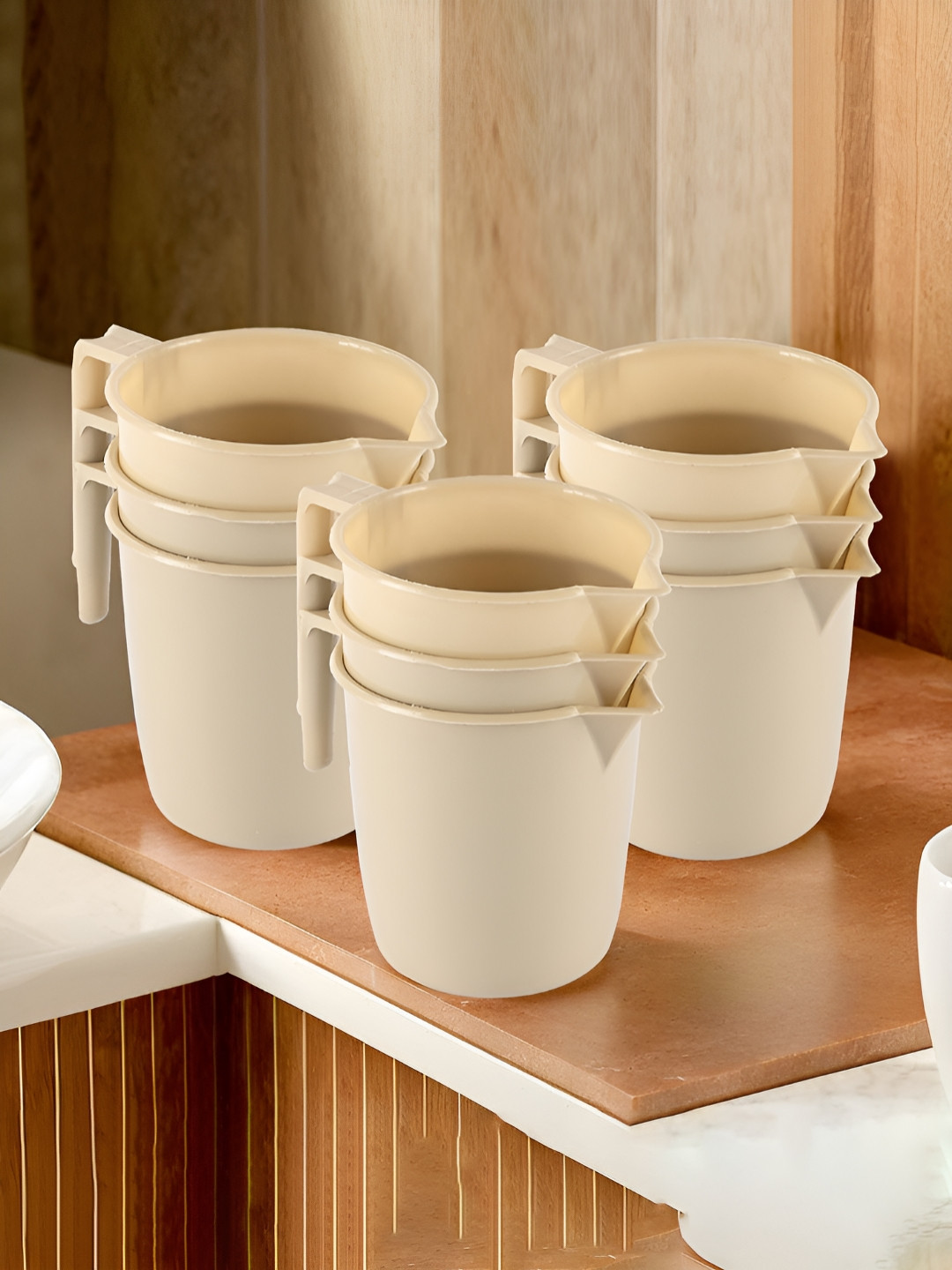 Aura Beige 9 Pcs Multi-Functional 1 Ltr Plastic Mug for Bathroom Durable for Daily Use