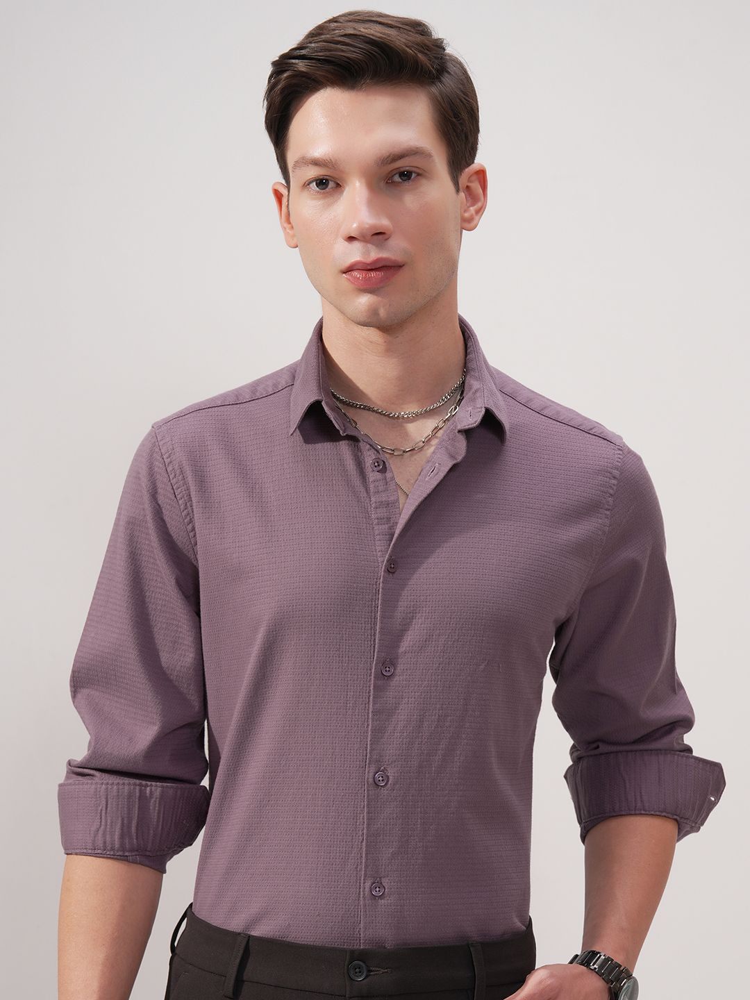 HIGHLANDER Self Design Spread Collar Long Sleeves Slim Fit Shirt
