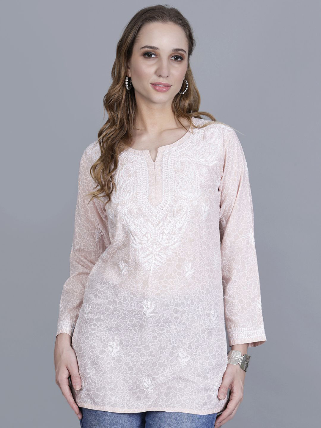 NAZAQAT ETHNIC INDIA Women Chikankari Embroidered Mulmul Brasso Cotton Straight Kurti.