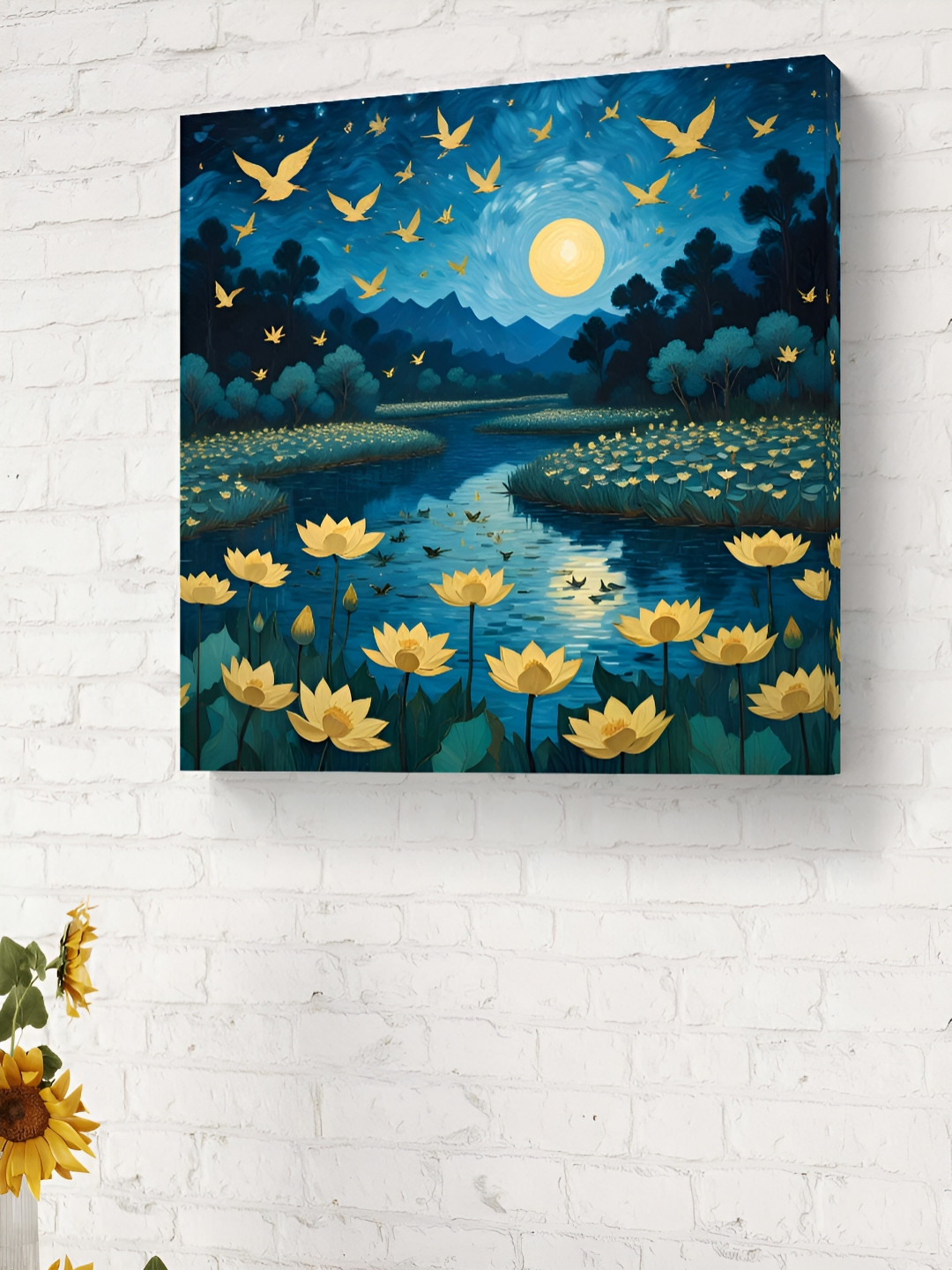 SAF Blue & Green Lotus Lake Printed Canvas Wall Art