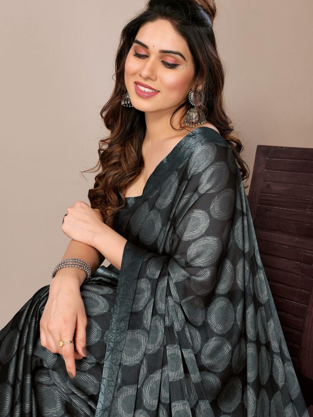 KALINI Black Poly Chiffon Sarees