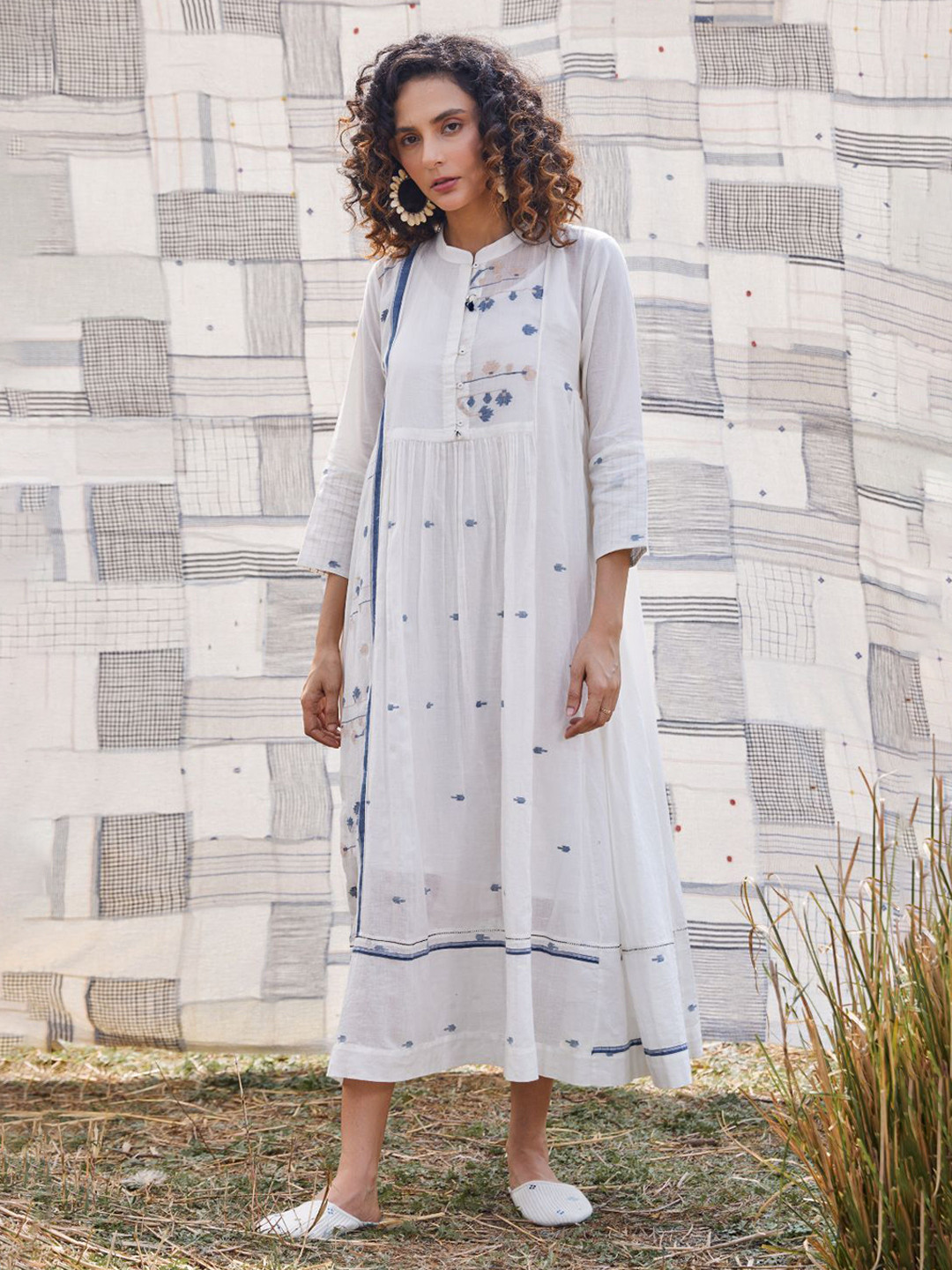 Sarron Yashvi Women Abstract Printed Mandarin Collar Cotton A-Line Midi Dress