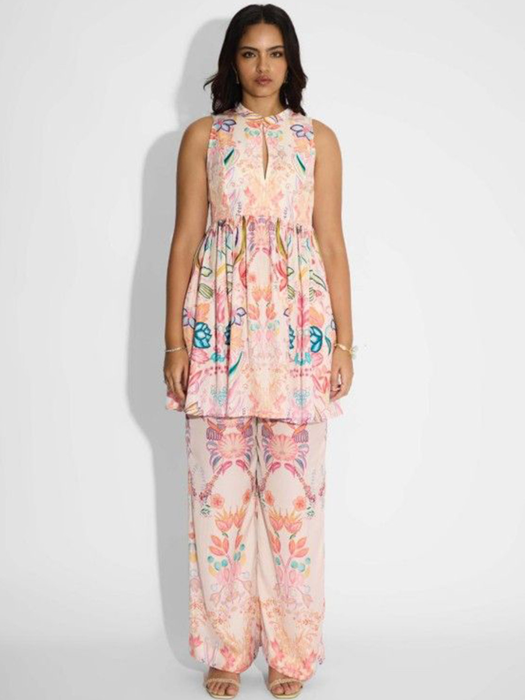 SHASHA GABA Printed Mandarin Collar Neck Tunic With Palazzos Co-Ords