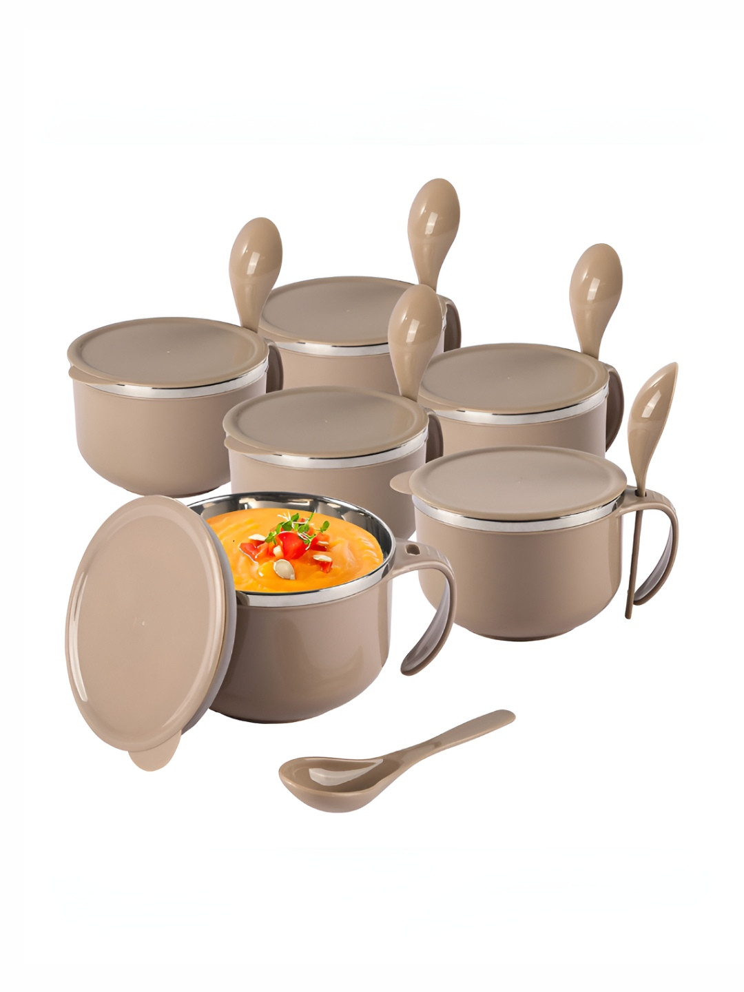 Aura Brown 6 Pieces Stainless Steel Serving Bowl With Spoon & Holder 600ml Each