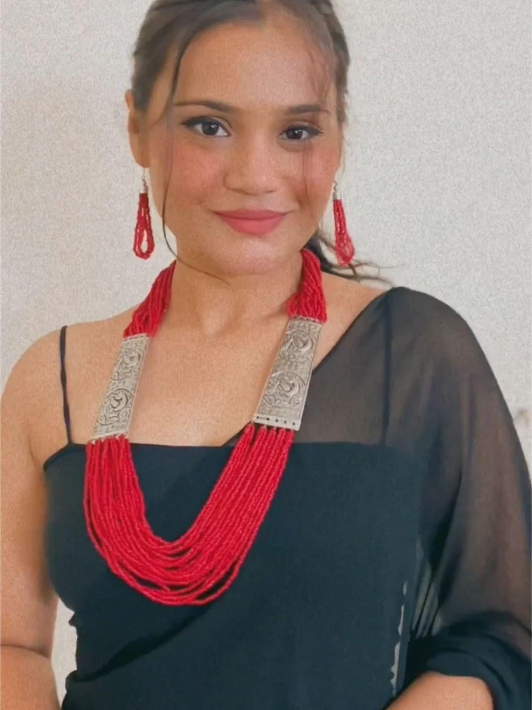 A Local Tribe Red Beaded Multi Layered Necklace Set with Metal Detailing