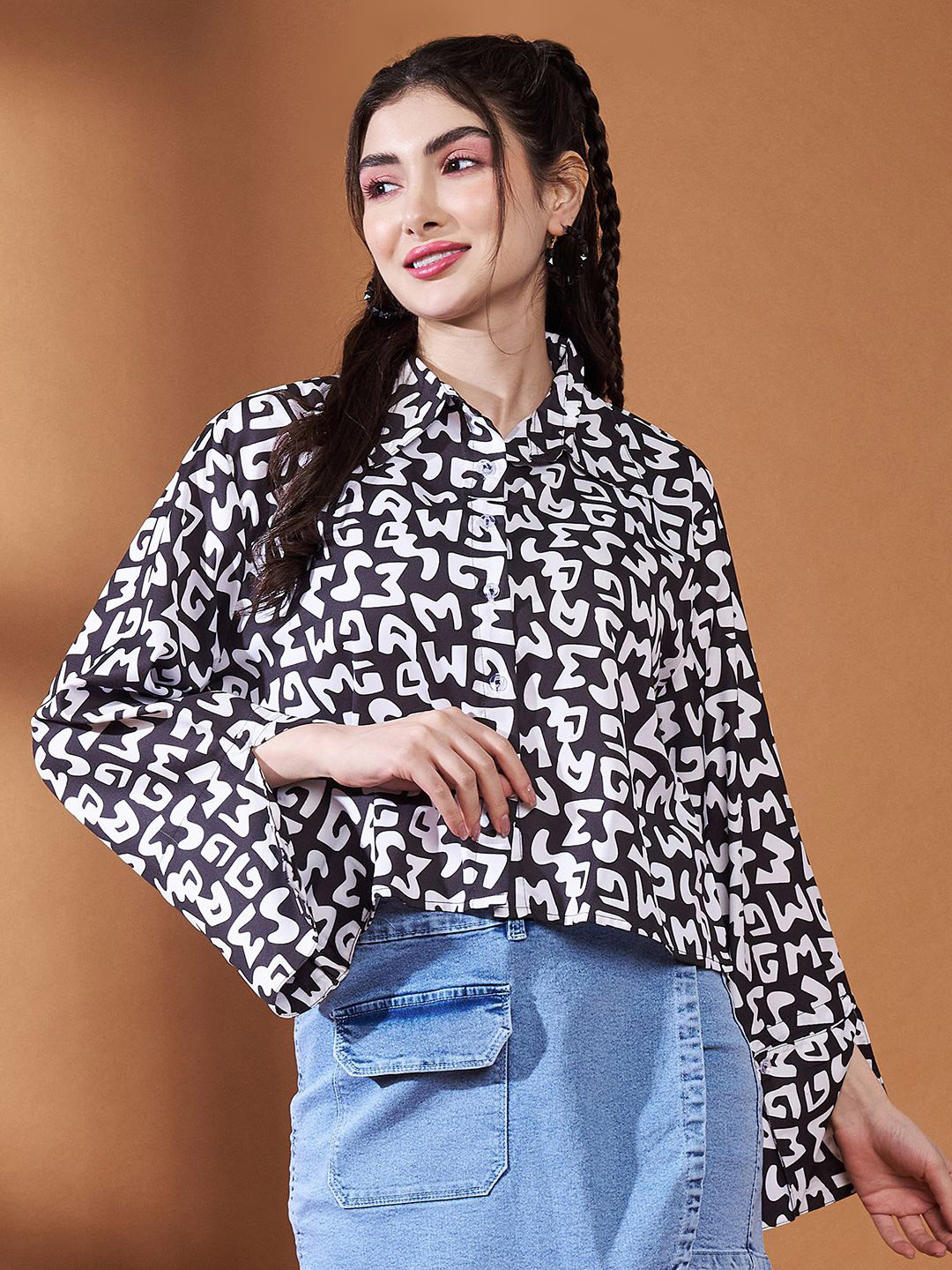 Purple Feather Geometric Printed Spread Collar Long Sleeves Casual Shirt