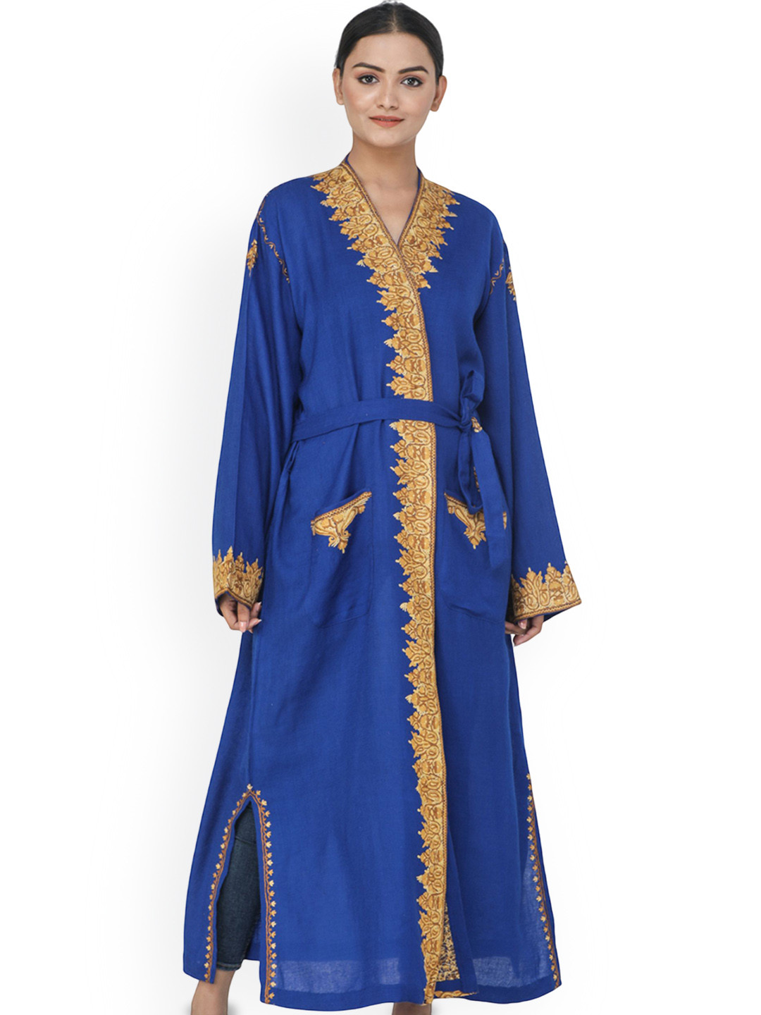 Exotic India Turkish-Blue Aari Hand-Embroidered Flowers Kashmiri Robe