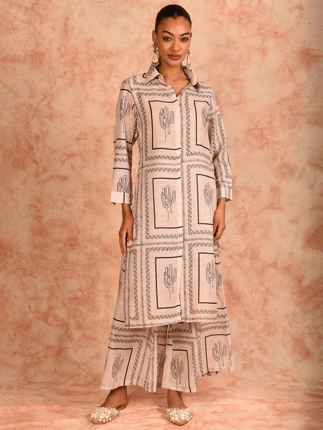JHALAKK BY LAALZARI Printed Linen Shirt Collared Tunic With Palazzos Co-Ords