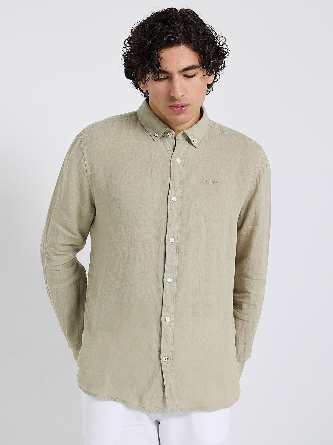 BEN SHERMAN Button-Down Collar Long Sleeves Linen Classic Shirt