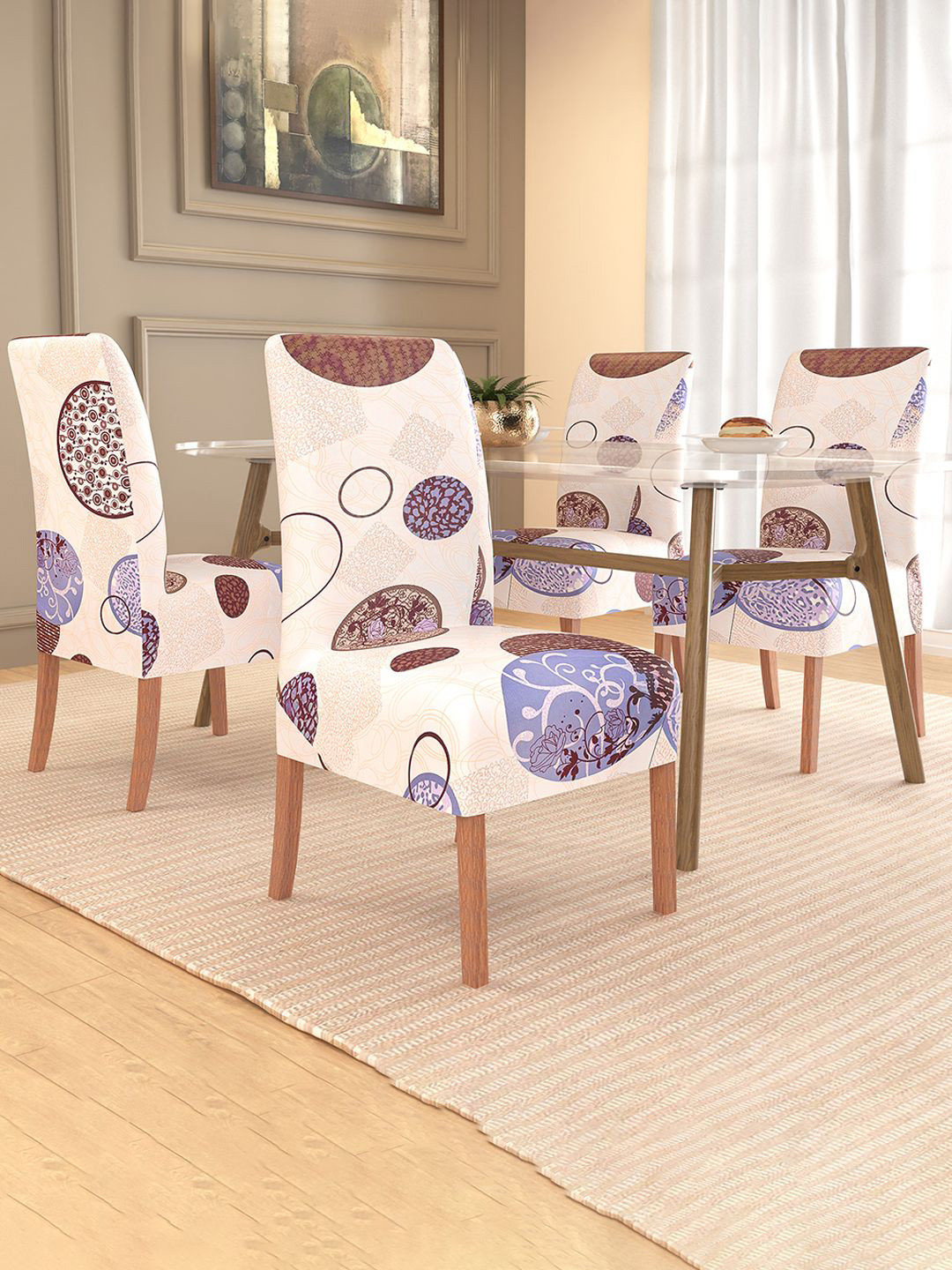 Kuber Industries 4-Pcs Cream-Colored & Brown Gola Printed Stretchable Chair Cover