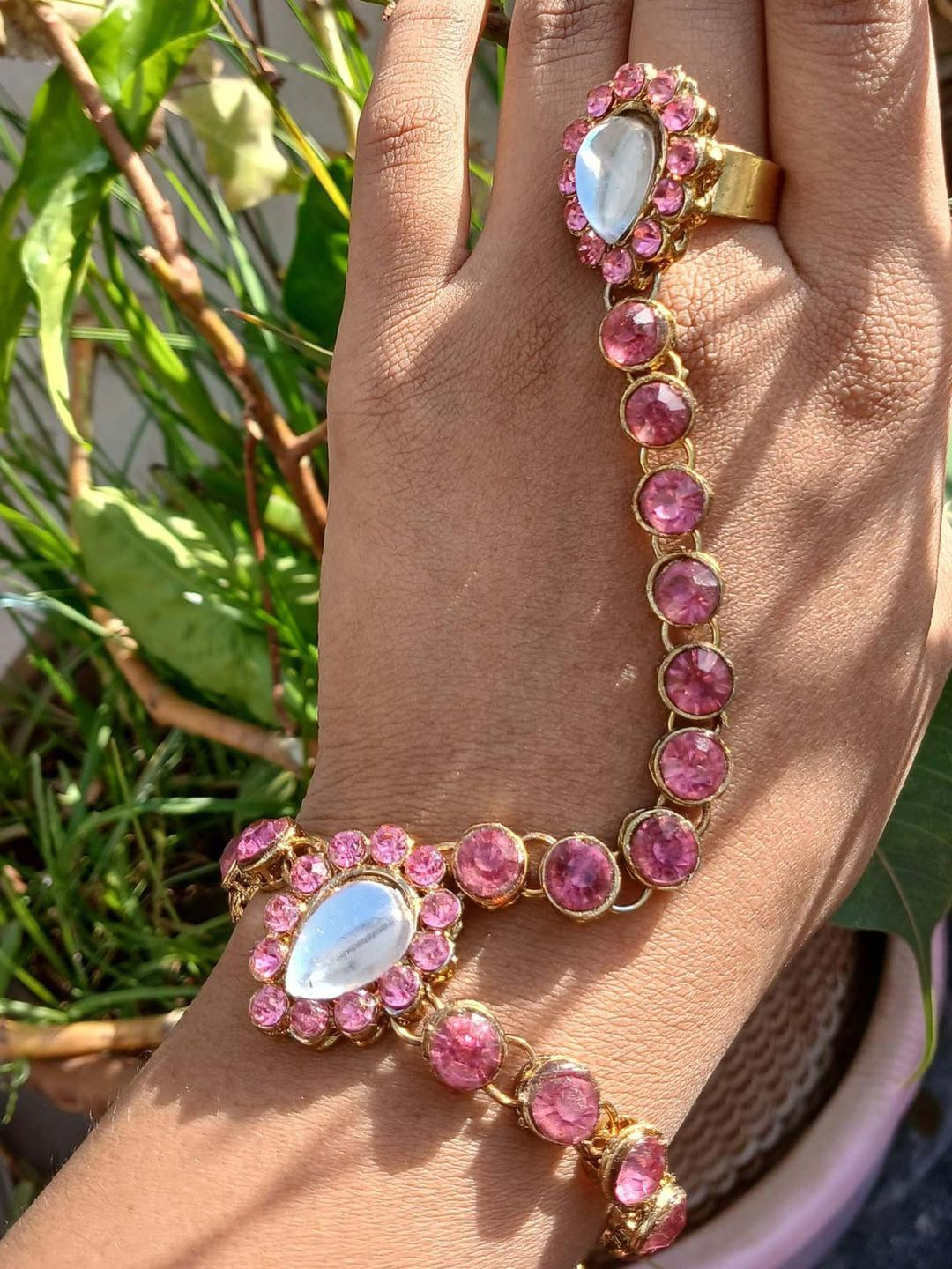 Pink Brass Free Size Stone Stud Finger Ring Hathphool Bracelet