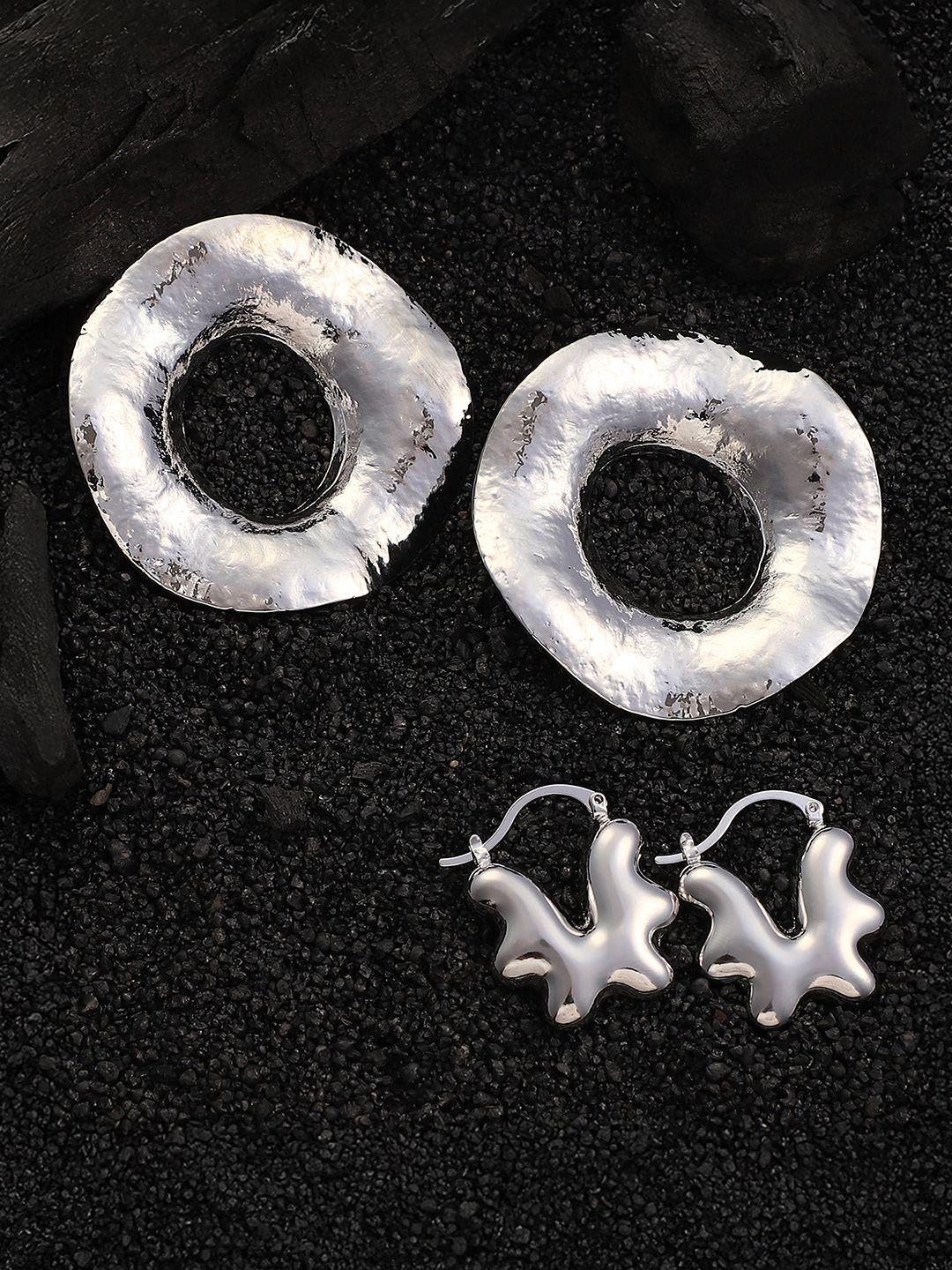 SOHI Set Of 2 Silver-Plated Halo Huggies Contemporary Hoop Earrings