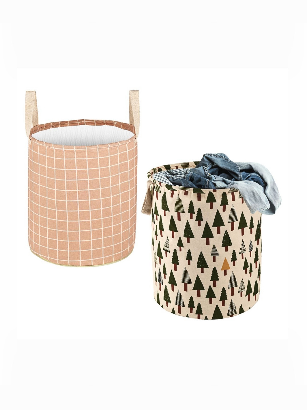 Aura 2Pcs Beige & Green Printed Cotton Foldable & Portable Laundry Bag With Handles - 60 L