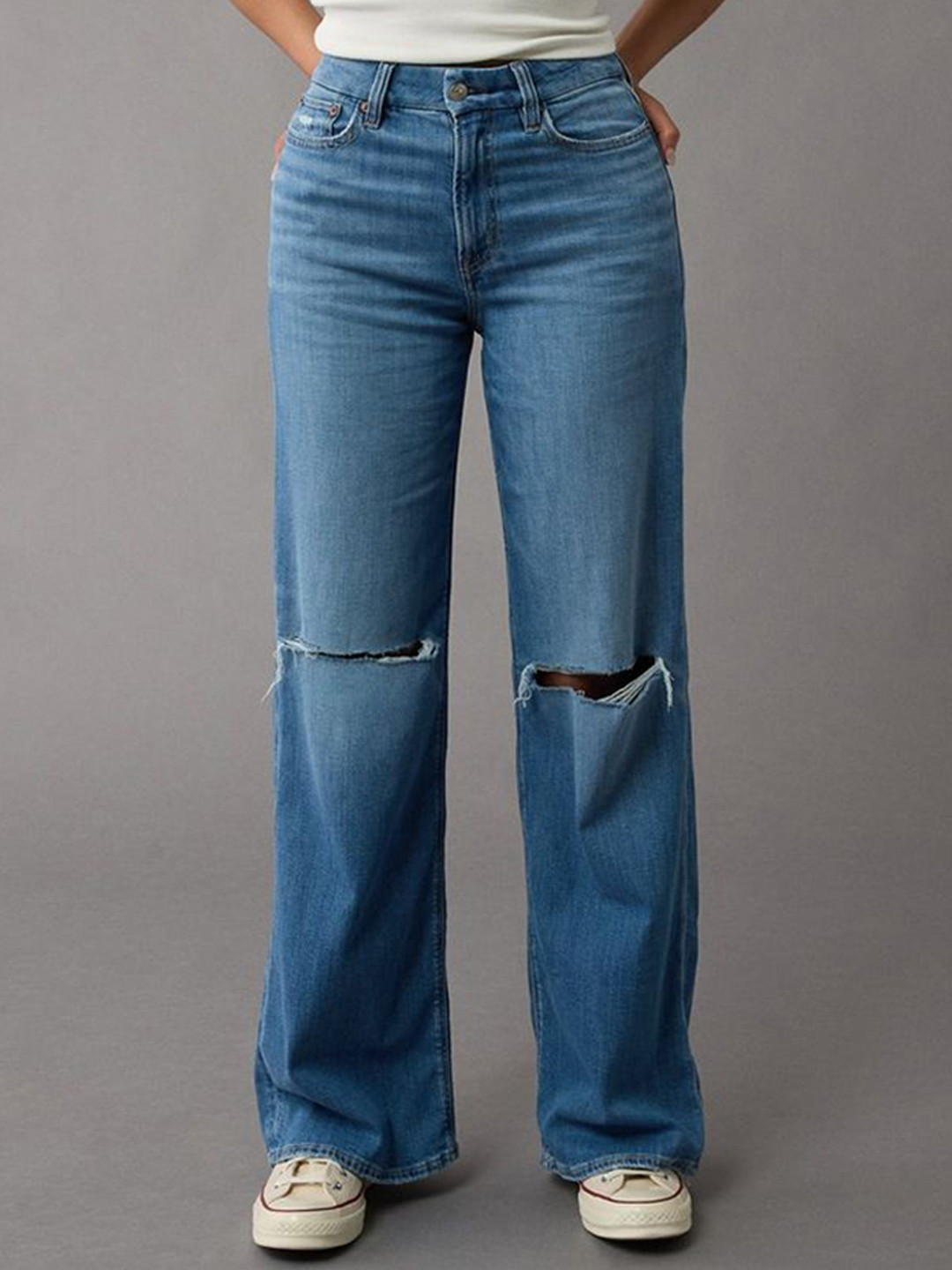 AMERICAN EAGLE OUTFITTERS Women Mid-Rise Slash Knee Baggy Jeans