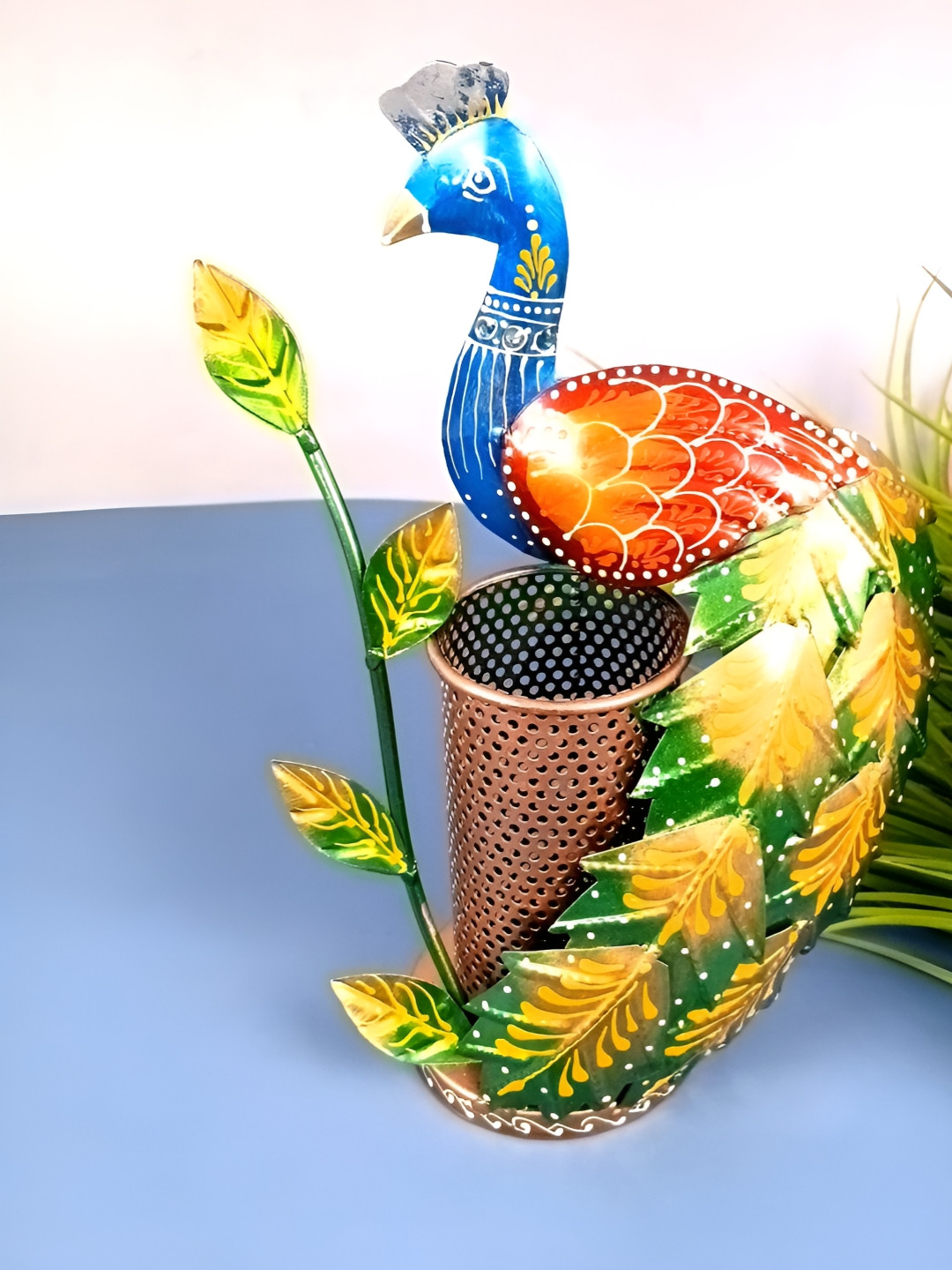 apka mart Blue & Green Peacock Pen Holder Desk Organiser