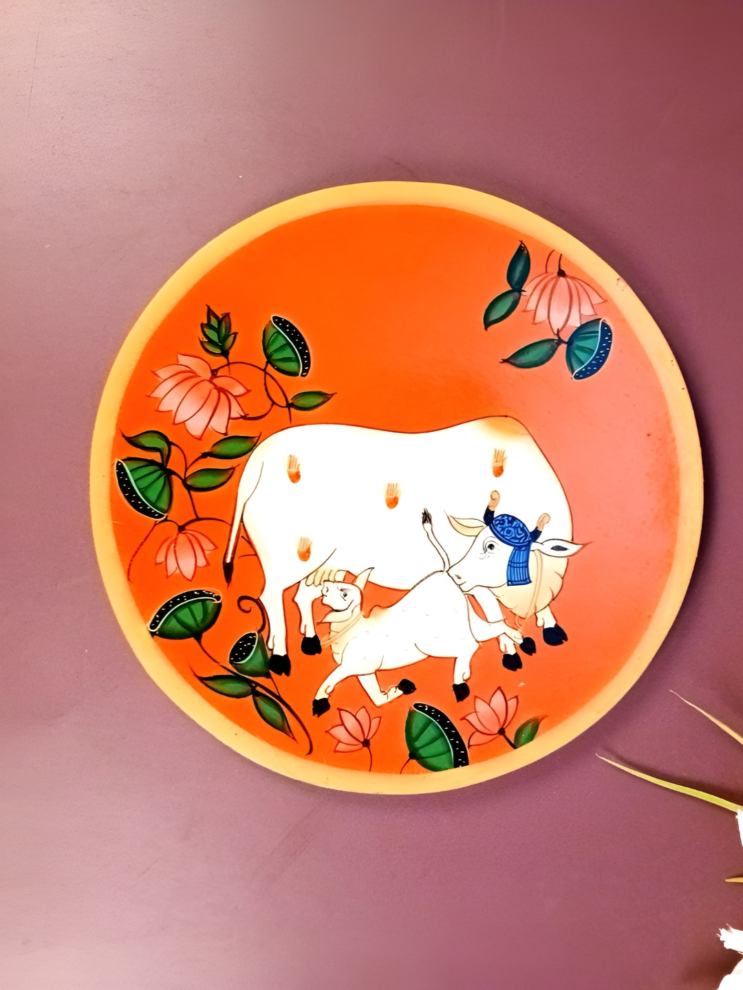 apka mart Orange-Coloured & Green Pichwai Cow Wooden Wall Art