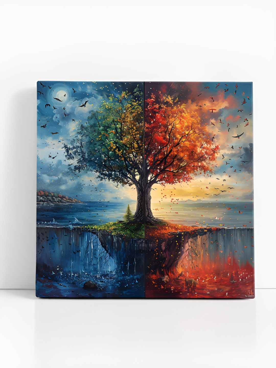 SAF Blue & Red Dual Season Tree Printed Canvas Wall Art