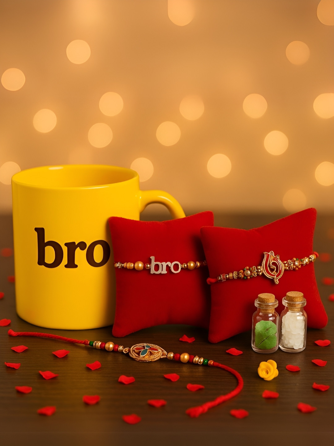 INTERNATIONAL GIFT Set Of 4 Yellow Thread Rakhi With Roli Chawal And Mug