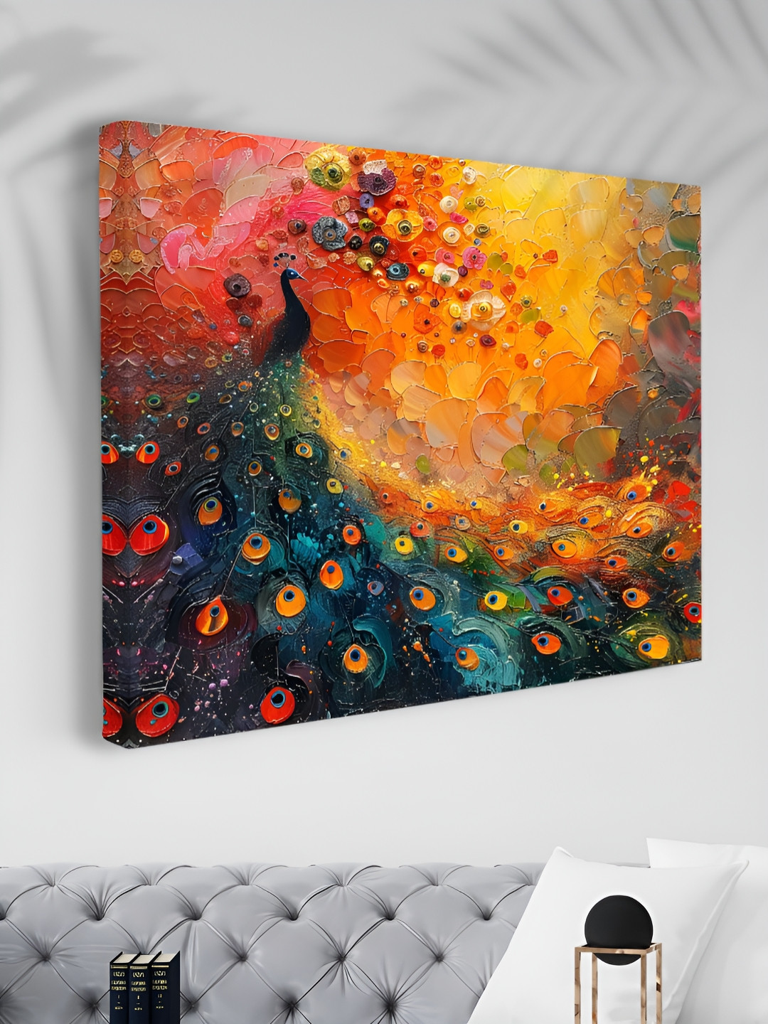 SAF Orange Colored & Red Peacock Printed Canvas Wall Art