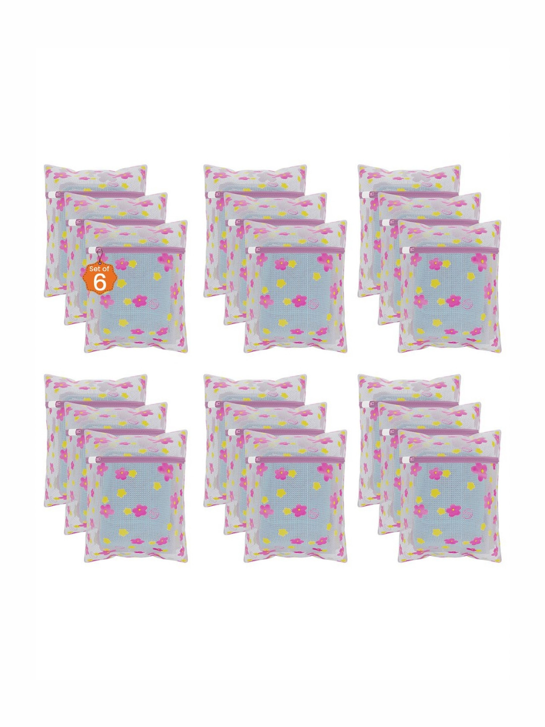 Aura 18Pcs White & Pink Sunflower-Printed Reusable Mesh Laundry Bags With Zipper