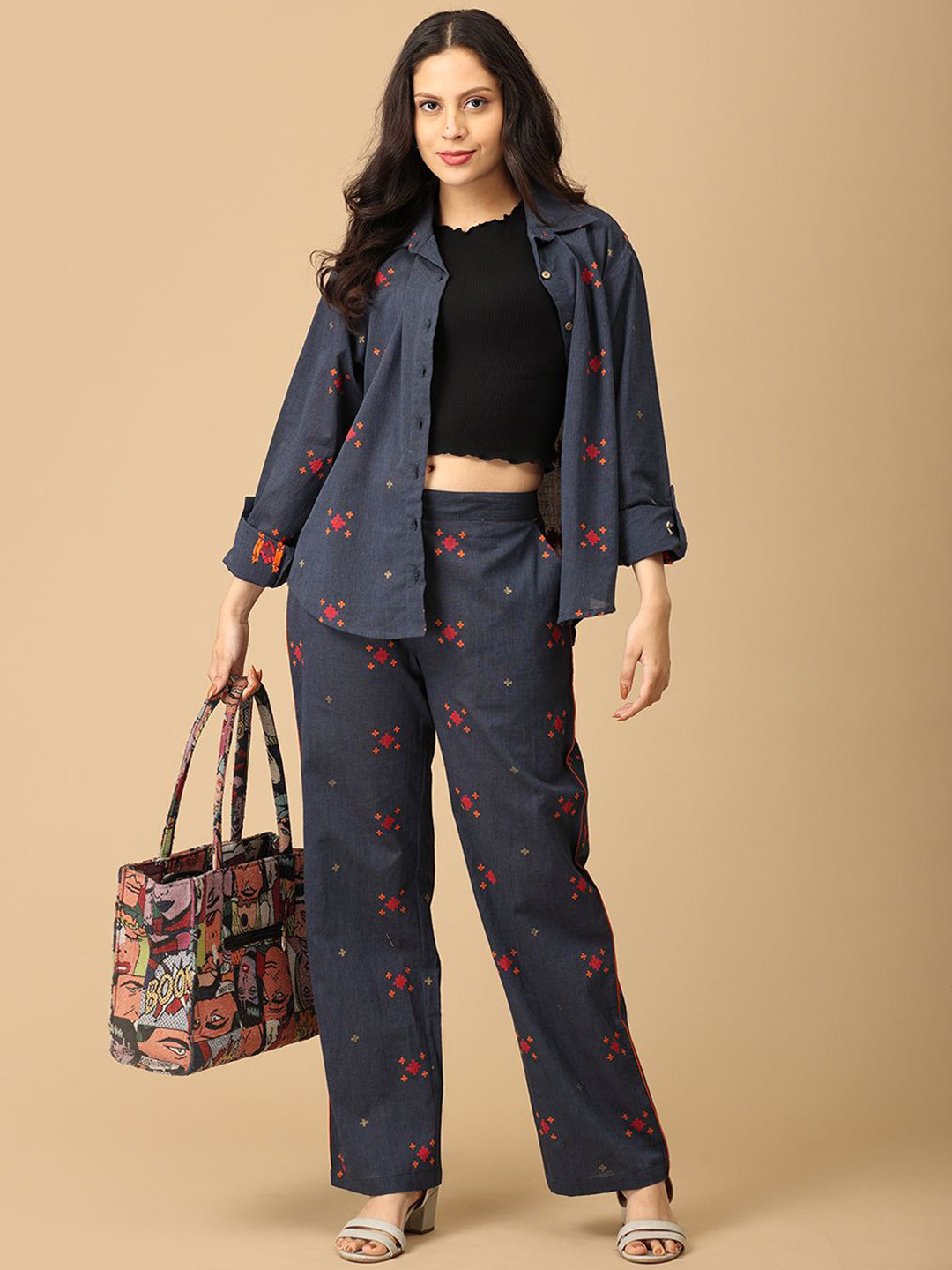 The Woman Store Printed Pure Cotton Shirt Collared Shirt With Trousers Co-Ords