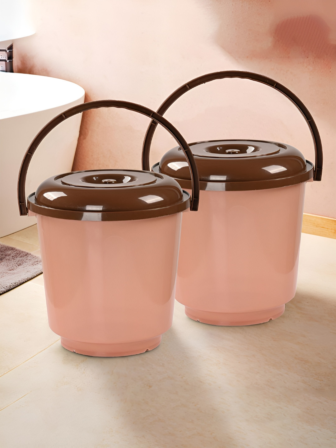 Aura Peach & Brown 2 Pcs Multi-purpose 13 Litre Bath Bucket Bathroom & Kitchen with Lid