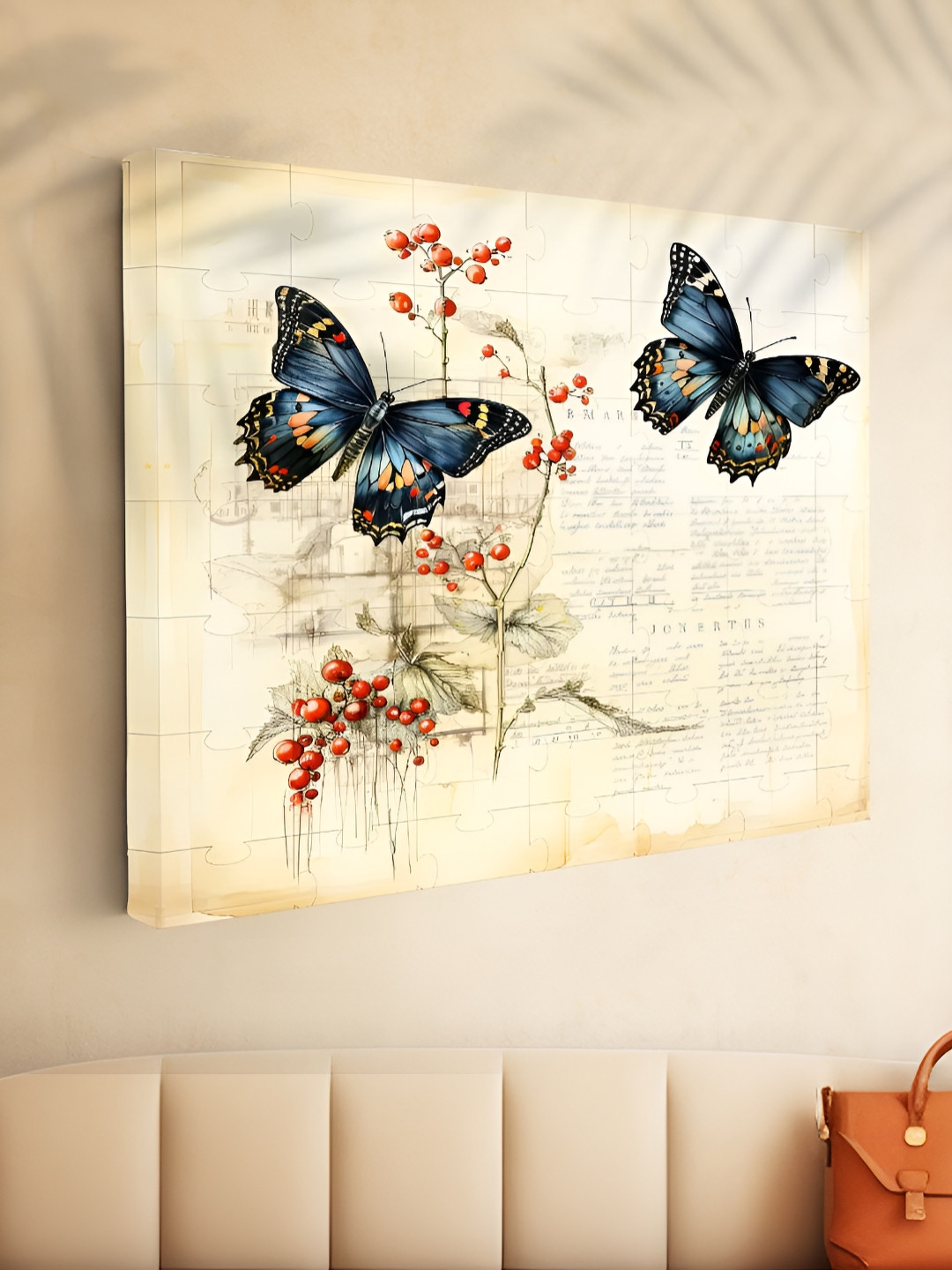 SAF Beige & Blue Butterfly On Flowers Printed Canvas Wall Art