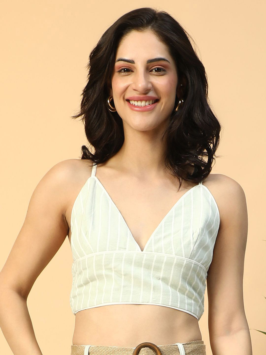 Oxolloxo Women Stripe Print Shoulder Strap V-Neck Sleeveless Cotton Crop Top