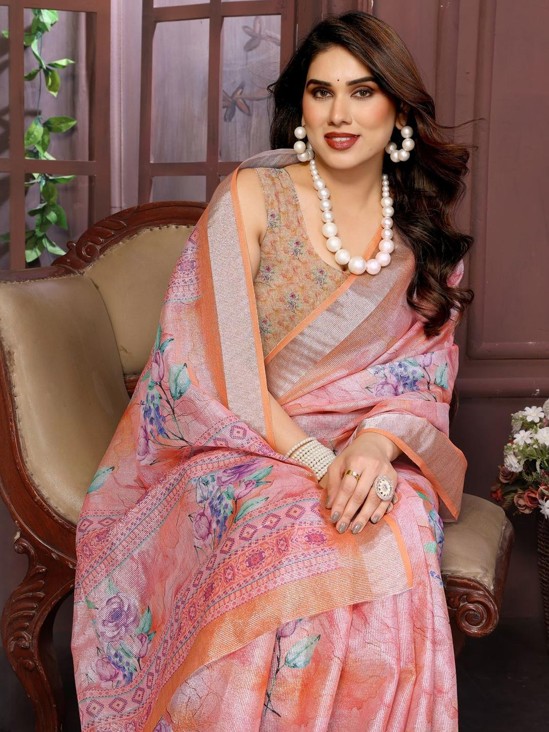 Moda Rapido Floral Zari Linen Blend Saree
