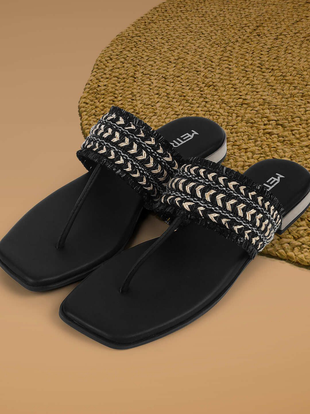 Metro Women Woven Design Slip-On T-Strap Flats