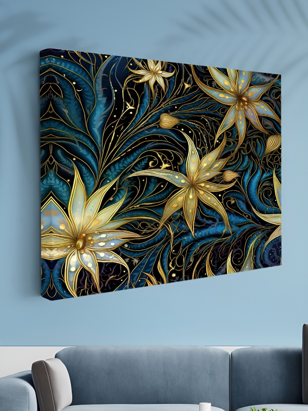 SAF Navy Blue & Beige 1 Piece Canvas Floral and Botanical Wall Paintings